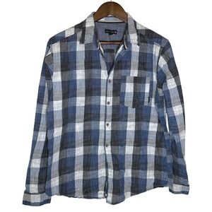 Ocean Current Mens Large Blue Black Plaid Cotton Long Sleeve Button Down Shirt